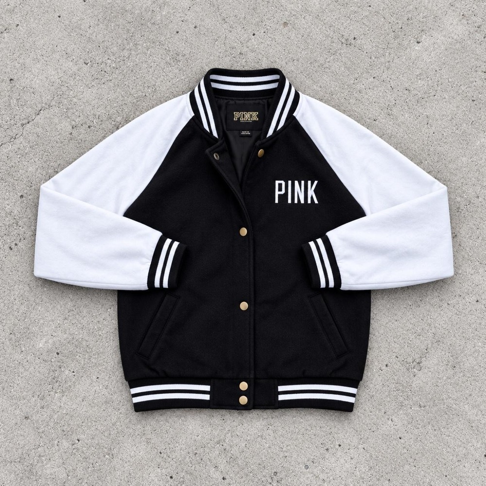 Victoria's Secret PINK Black White Varsity Bomber Jacket Y2K Collegiate Medium